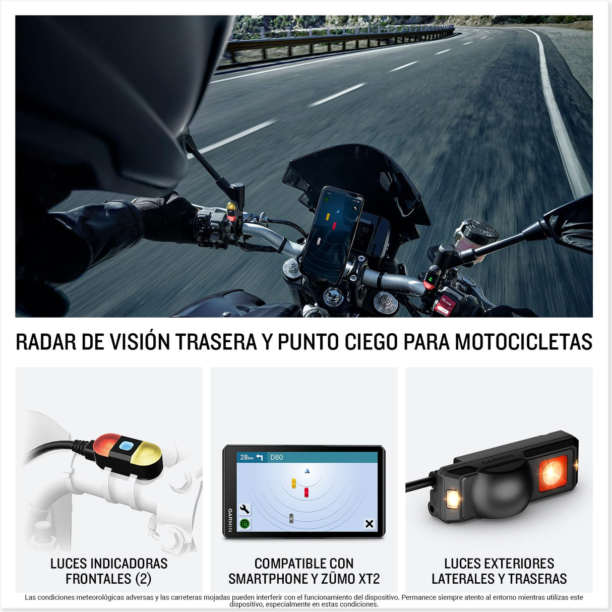 Garmin zūmo R1, Radar de visión Trasera y Visibilidad de ángulo Muerto para Motocicletas, Discreto, con Luces externas y alertas sonoras, emparejable con zūmo XT2 o Smartphone Compatible.