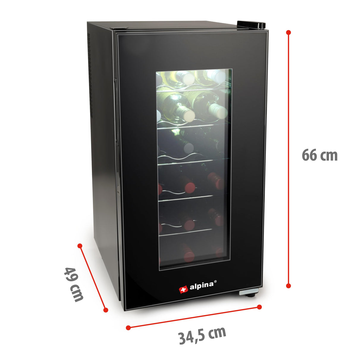 alpina Vinoteca - 230V - 18 Botellas/50L - Vinoteca - Temperatura regulable 11°C a 22°C - Puerta de Cristal e Iluminación Interior - Poco o Ningún Ruido - Negro