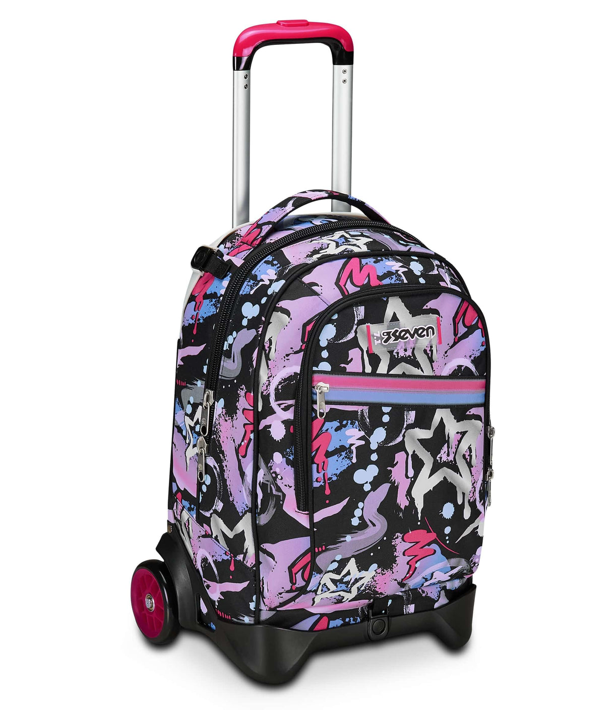 Seven - Mochila escolar Jack de 2 ruedas, color negro fucsia, Mark On Girl, 3 en 1, triple uso, mochila con carro desenganchable, bolsillo para botella y sistema cruzado, mochila escolar de viaje,