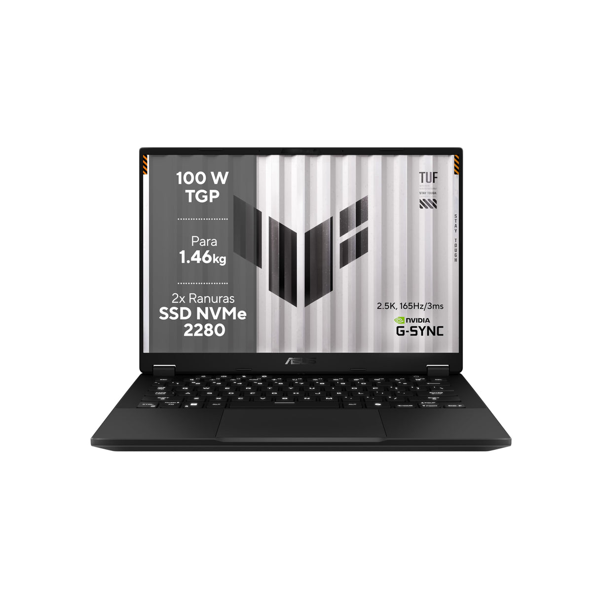 ASUS TUF Gaming FA401UV-RG002 - Ordenador Portátil Gaming de 14" WQXGA (AMD Ryzen 7 8845HS, 32GB RAM, 1TB SSD, NVIDIA RTX 4060 8GB, Sin Sistema Operativo) Gris Jager - Teclado QWERTY español