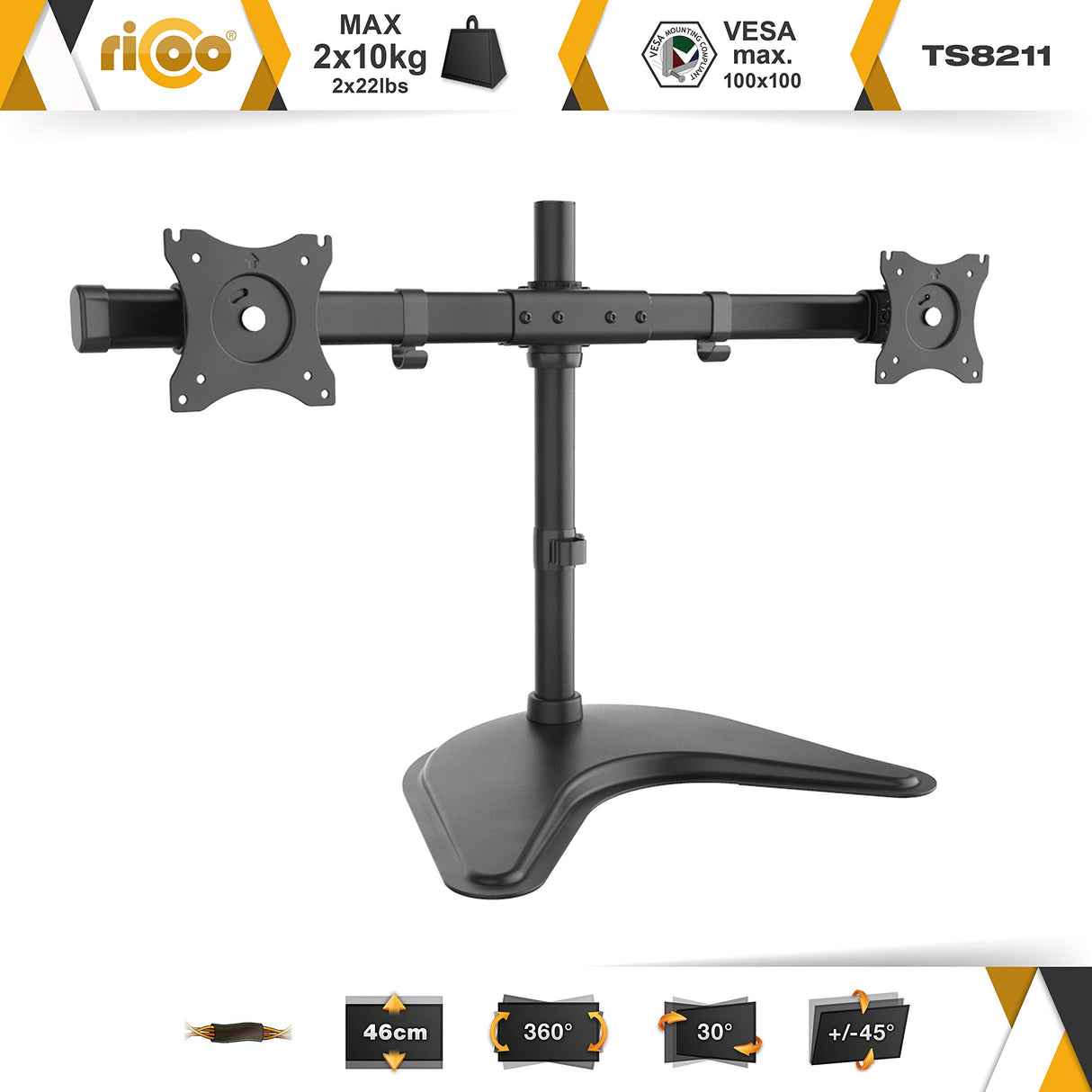 RICOO Soporte Monitor Mesa Base articulado Giratorio Inclinable Pantalla PC 13-27" (33-69cm) TS8211 Stand para monitores VESA 75x75 100x100