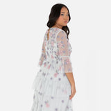 Maya Deluxe Women's Ladies Maxi Dress Round Neck 3/4 Sleeve Floral Sequin Embellished Ruffle A-Line for Wedding Guest Prom Ball Gown Vestido, Glacier Grey, 42 para Mujer