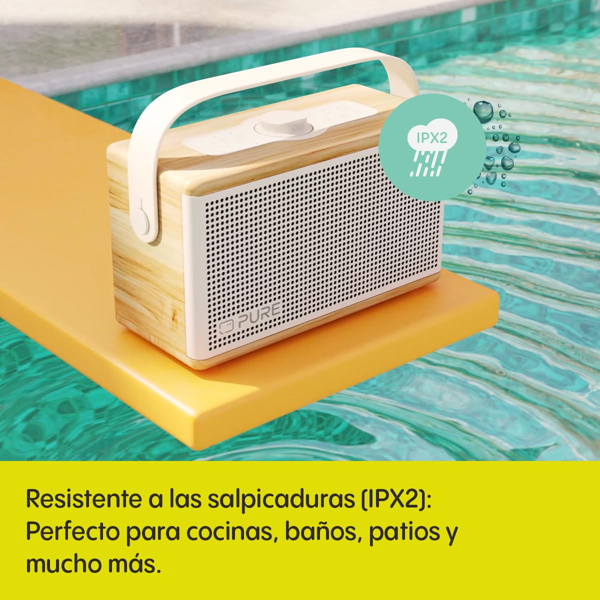Pure Classic Aura Altavoz Bluetooth portátil 40W con batería 10000mAh, función Powerbank, Luces ambientales, 30h autonomía, USB-C, Entrada AUX, Resistente a Salpicaduras IPX2 – Blanco Algodón/Roble