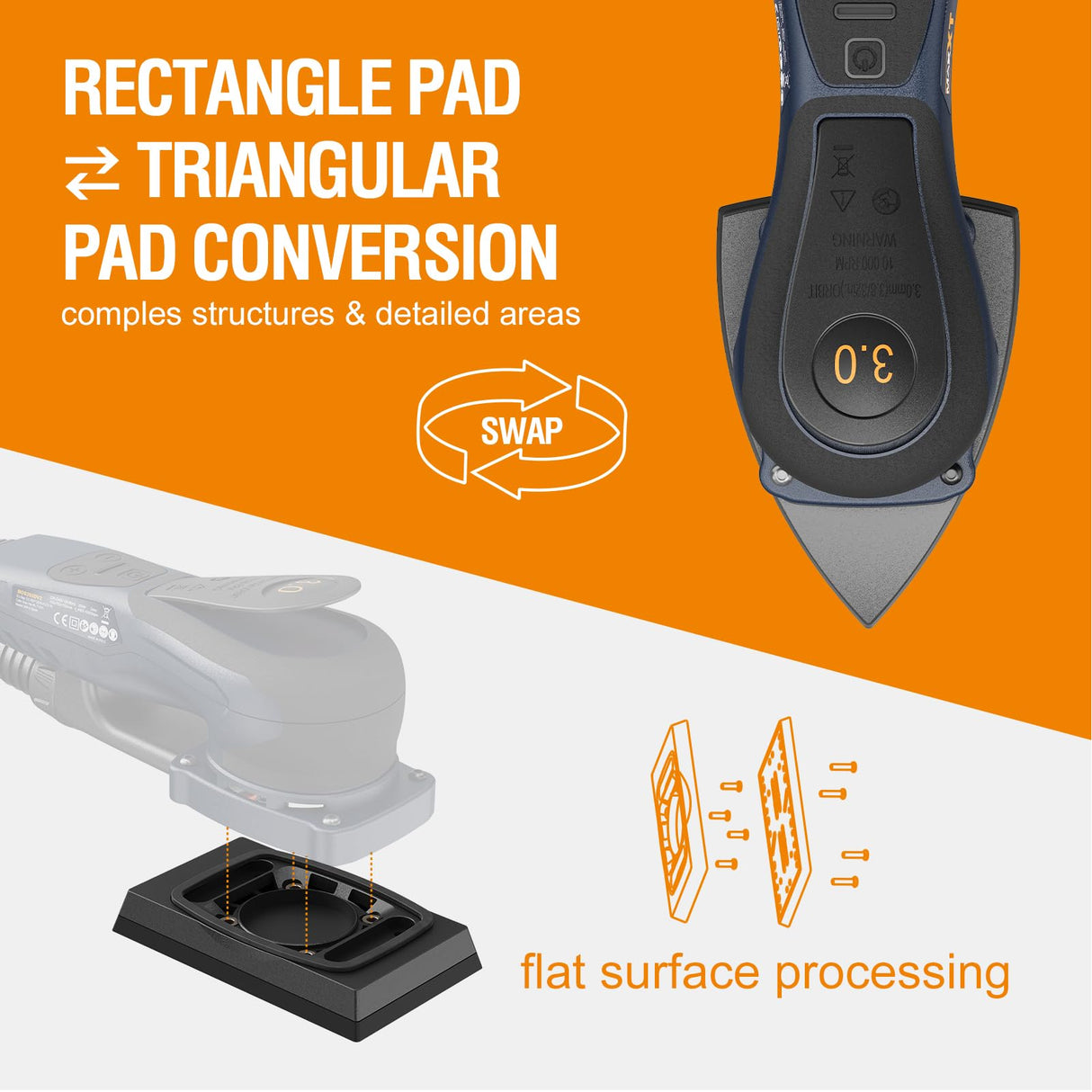 MAXXT Lijadora Delta y Rectangular 2EN1 sin escobillas 350W, 6 velocidades ajustables (4000-10000 rpm), Parada1-2 segundos, Incluye 20 hojas de lija, para rincones estrechos y lijado fino