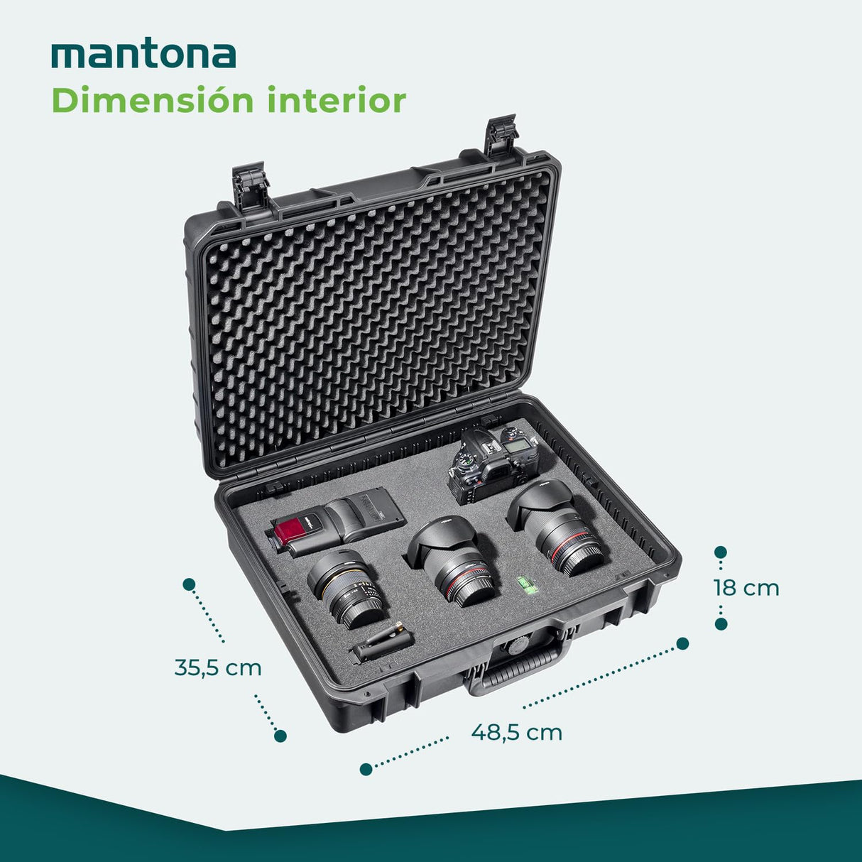 Mantona Maleta para exterior L - resistente al agua, a prueba de golpes y apilable para equipos valiosos, incl. las inserciones de espuma que se pueden cortar a medida y una válvula de ecualización