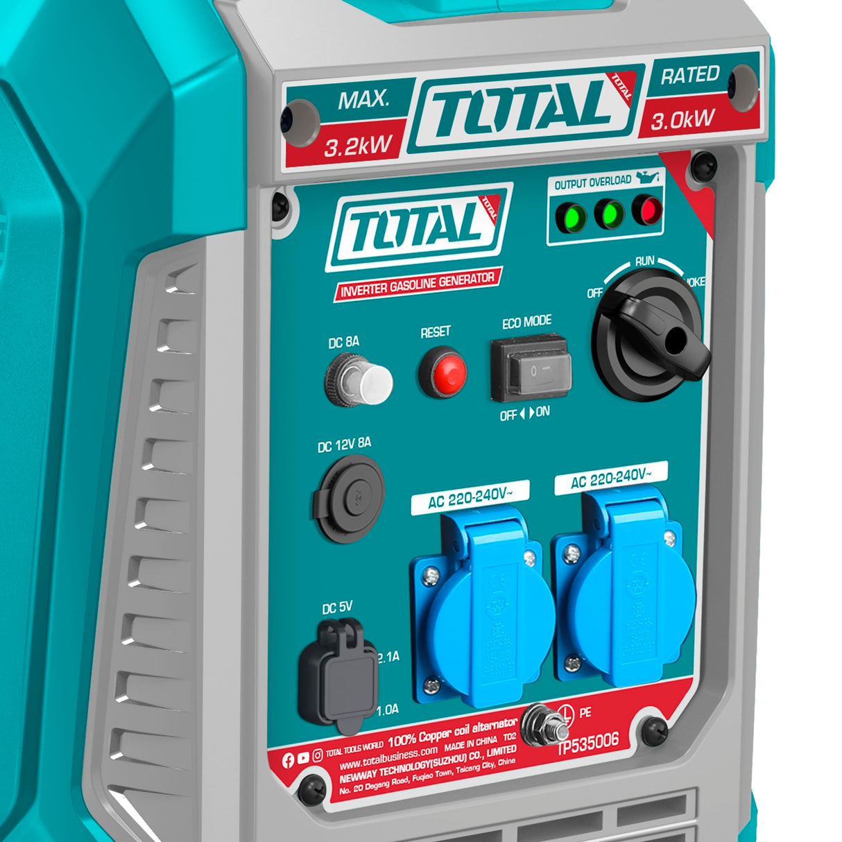 TOTAL - Generador Eléctrico a Gasolina | Insonorizado Inverter 3.3kW | Salidas USB y Toma 250V | Bajo Nivel Sonoro 64dB | Portátil 25kg, Verde, 55l x 55an cm, Plástico