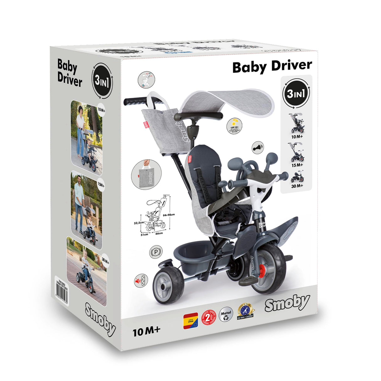 Smoby - Triciclo Baby Driver Confort Gris 3 en 1 Progresivo, Sostenible, Freno de Estacionamiento, Barra Parental Ajustable, Volante con Claxon, Desde 10 Meses hasta 3 Años (7600741503)
