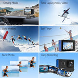 AKASO Brave 6 Plus Cámara Deportiva 4K30FPS WiFi 20MP - Cámara de Accion Pantalla Táctil, Estabilización Electrónica, Cámara Acuatica Sumergible 40M, Control por Voz, 2 Baterías y Kit de Accesorios