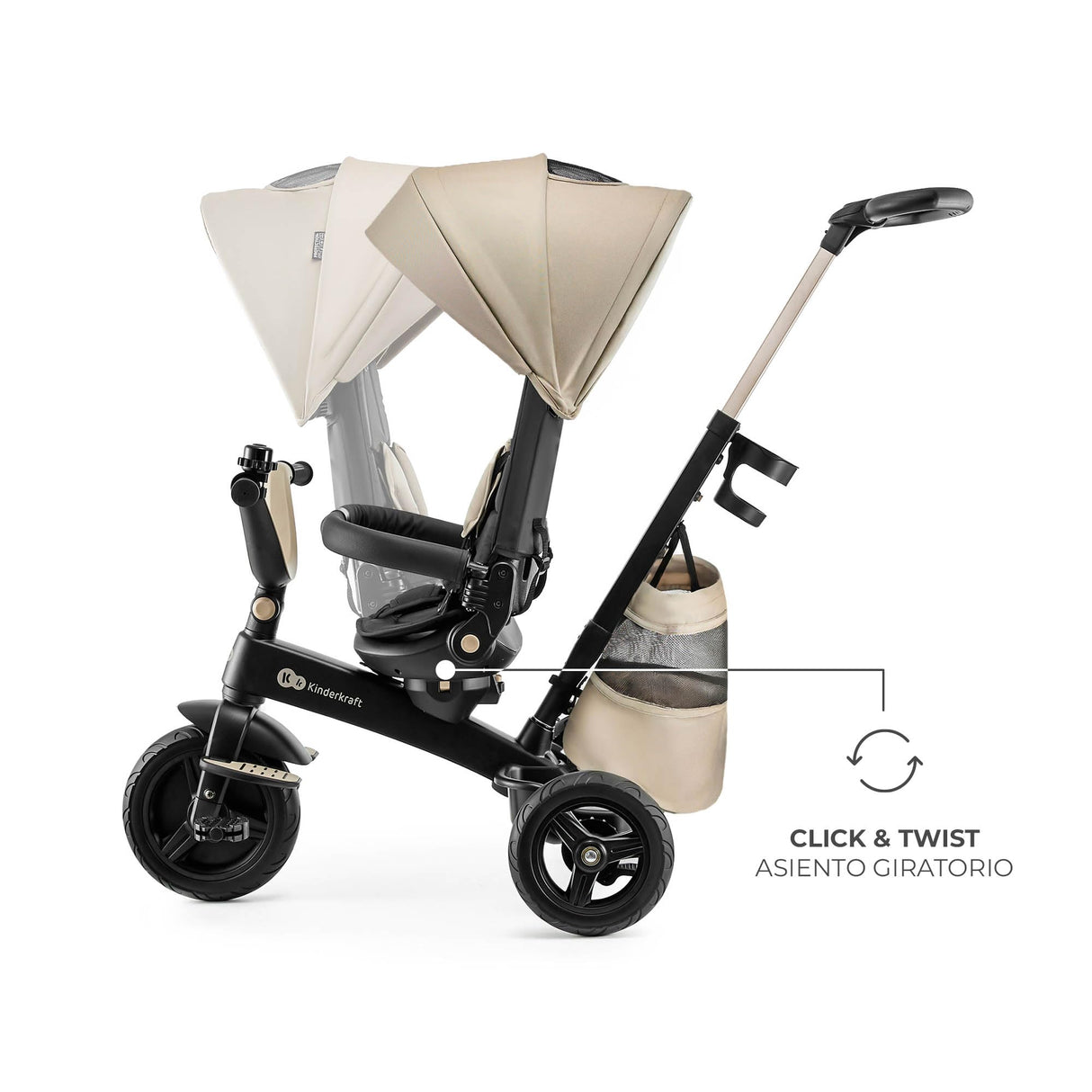 Kinderkraft EASYTWIST Triciclo Infantil, con Accesorios, Ventana de Techo, Cinturones de Seguridad, rotación de 360 Grados, Rueda Libre, Barra de Empuje, a Partir de 9 Meses hasta 5 años, Beige