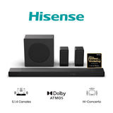 Hisense AX5140Q - Barra de Sonido 5.1.4, 600W, 13 Altavoces, Subwoofer y Altavoces Traseros Inalámbricos, Dolby Atmos, DTS:X, Ecualizador IA, Calibración Automática, Hi-Concerto, EzPlay 3.0