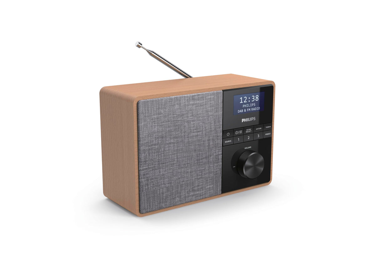 PHILIPS AUDIO TAR5505/10 Radio, Carcasa de Madera, Radio Dab+/FM, Temporizador de Cocina, Alimentación por Red o Batería, Color Marrón/Gris con Bluetooth
