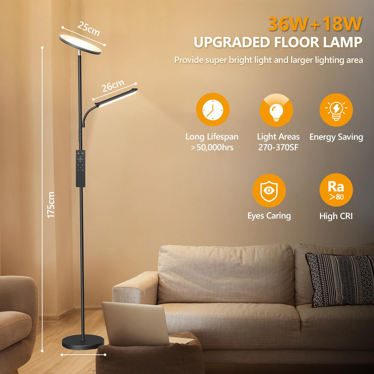 Lámpara de Pie LED Regulable de 42 W, Lamparas de Pie Para Salon Superbrillante de 4000 LM Para Sala de Estar Con Luz de Lectura, Atenuación Continua de 2700K-6500K, Control Remoto y Control Táctil
