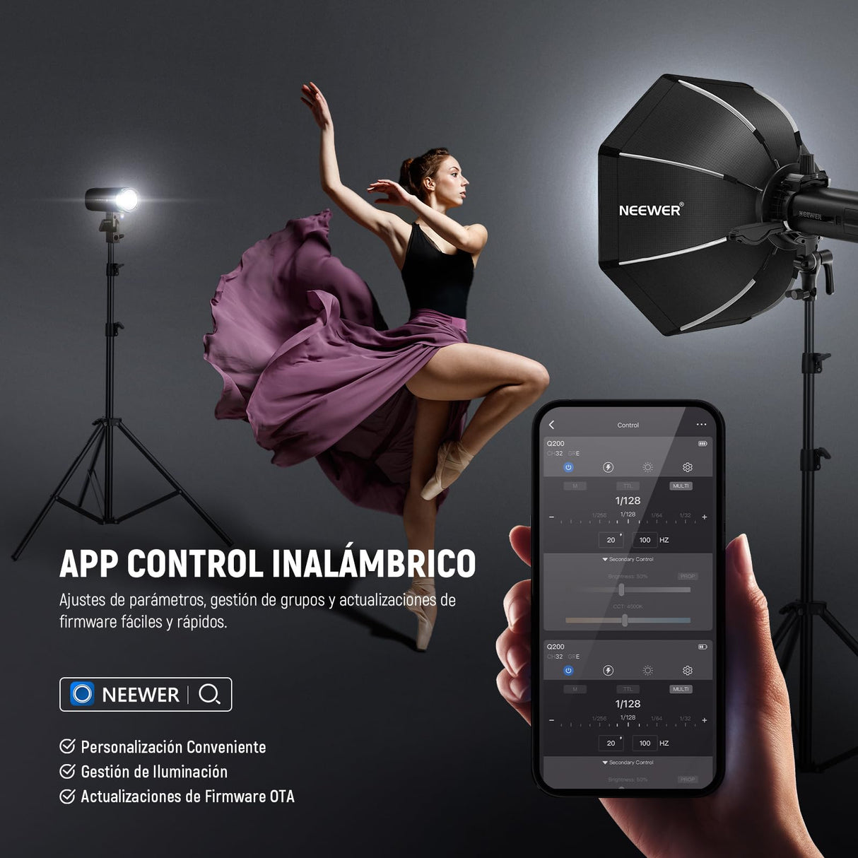 NEEWER Q200 200Ws 2.4G TTL Flash Strobe Estudio para Exteriores con APP Control, 1/8000 HSS, 3200mAh Fotografía con Batería Monolight Speedlite Lámpara Modelar 10W/Flash 750/Reciclaje de 0.01~1.5s