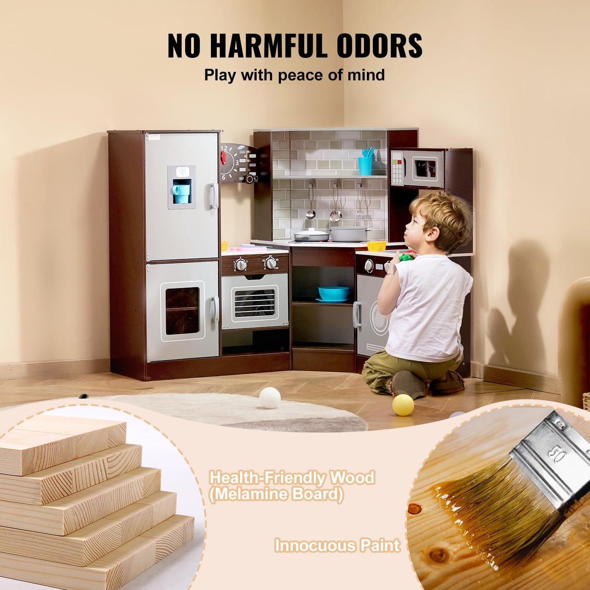 VEVOR Juego de Cocina de Madera de Esquina con Luces y Sonidos, Cocina con Máquina de Hielo, Horno, Fregadero, Reloj, Microondas, Refrigerador y Accesorios para Niños Pequeños y Preescolares, Marrón
