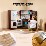 VEVOR Juego de Cocina de Madera de Esquina con Luces y Sonidos, Cocina con Máquina de Hielo, Horno, Fregadero, Reloj, Microondas, Refrigerador y Accesorios para Niños Pequeños y Preescolares, Marrón