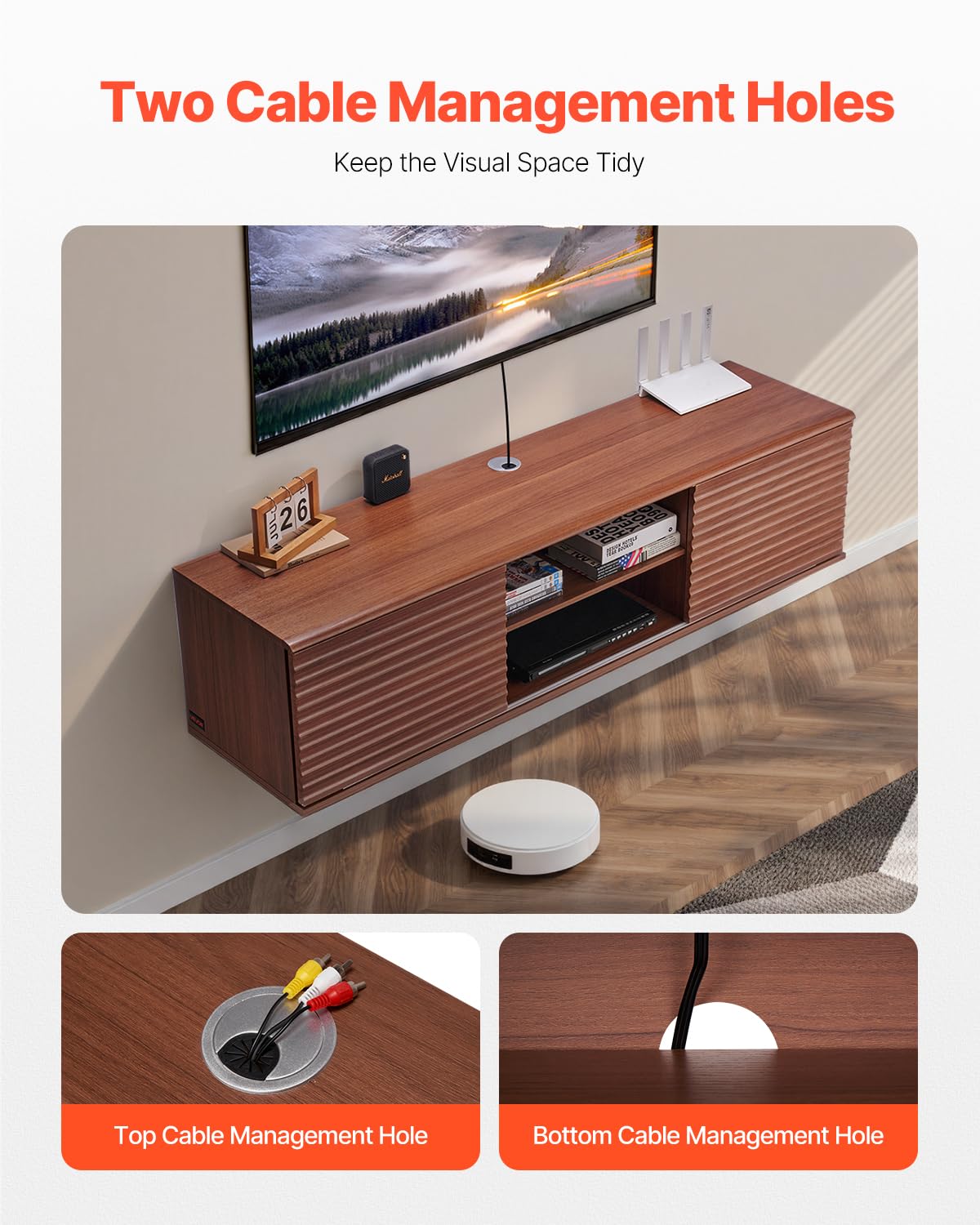 VEVOR Mueble de TV en la Pared, Estante Flotante para TV 1520 x 390 x 368 mm con Estante Ajustable y Puertas Correderas para Reproductor de DVD, Decodificador de Cable, Carga de 52 kg, Nogal