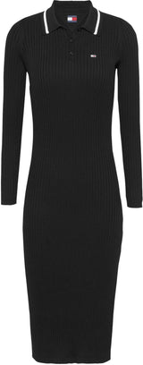 Tommy Jeans Vestido Tipo Polo Mujer Midi con Apertura en la Pierna, Negro (Black), S