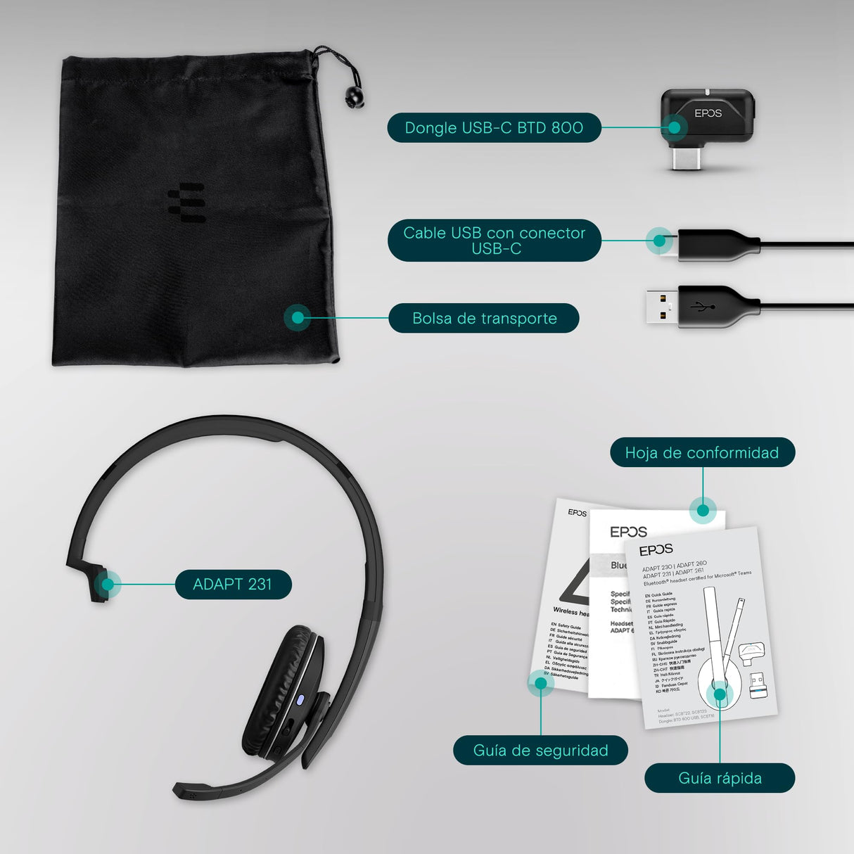 EPOS I SENNHEISER Adapt 231 - Adapt 200 Series - Auricular - On-Ear - Bluetooth - Inalámbrico - Adaptador USB-C a través de Bluetooth - Negro - Certificado para Microsoft Teams, Optimizado para UC