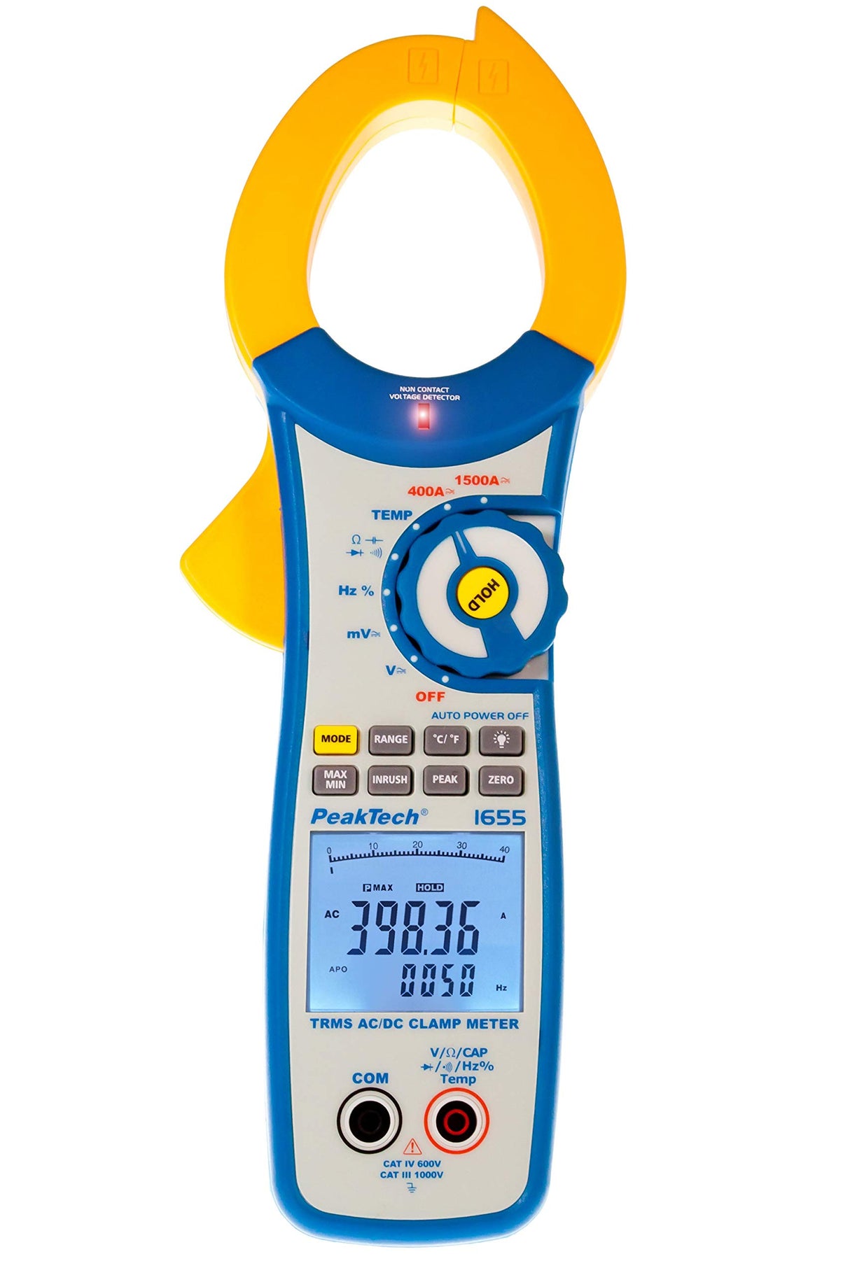 PeakTech 1655 – Pinza amperimétrica RMS 1500A AC/DC, 40000 cuentas, multímetro digital, TUV/GS, pinza de corriente, voltímetro sin contacto, amperímetro, probador de continuidad - Max 600V