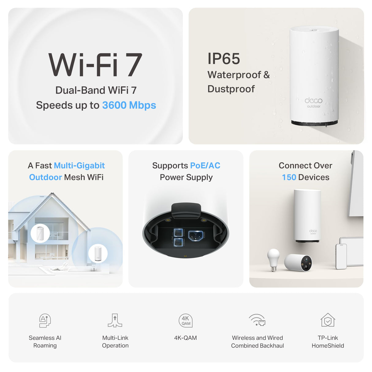 TP-Link Deco BE25-Outdoor(1-Pack) – Sistema Wi‑Fi 7 Mesh de Doble Banda (BE3600, 3,6 Gbps), 2 Puertos 2,5 Gbps, MLO, AI‑Roaming, HomeShield