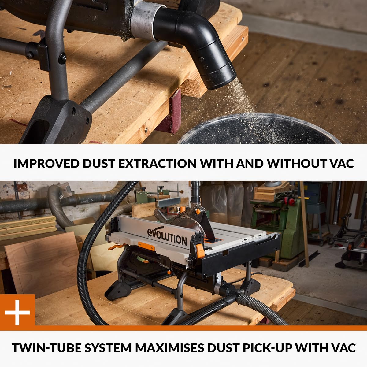 Evolution Power Tools R255TBLX+ Sierra De Mesa Con Soporte (Próxima Generación Rage 5-S) Hoja De Corte Multimaterial Corta Madera Metal Plástico, Bisel 45˚, +/- 60˚ Ángulo De Inglete, 1800w