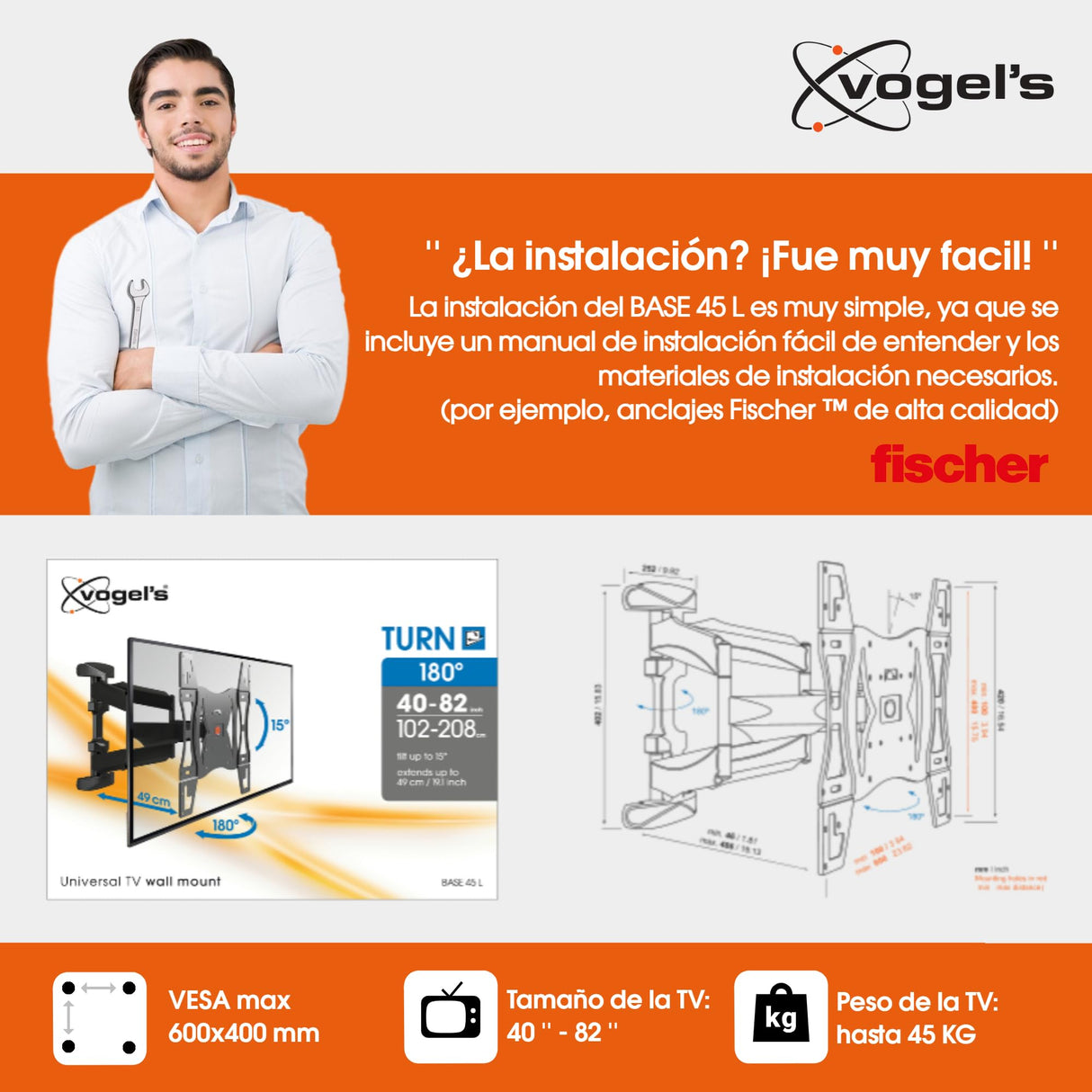 Vogel's BASE 45 L Soporte de pared para TV, Inclinable y Giratorio 180º, Para televisores de entre 40-82 pulgadas (102-208 cm), VESA Máx. 600x400, Carga Máx. 45 kg, Certificación TÜV