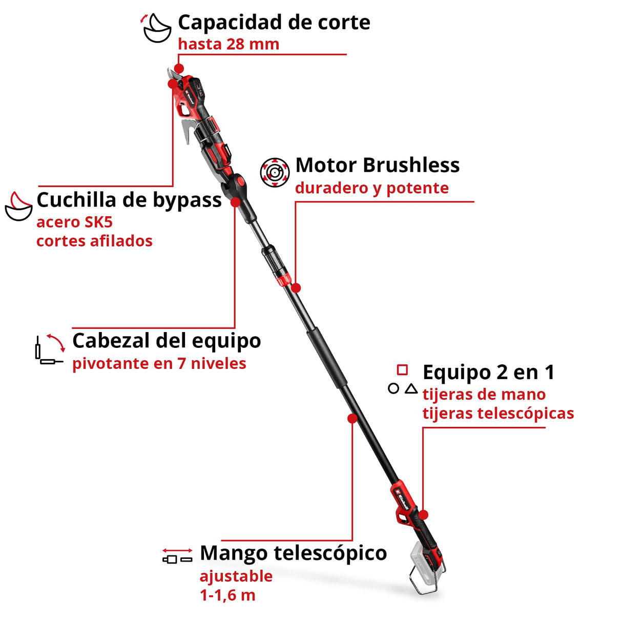 Einhell Professional Tijeras de podar con batería GP-LS 18/28 Li T BL-Solo Power X-Change (18 V, Mango telescópico para Trabajos a 3,8 m, Ramas hasta 28 mm, Cuchillas de derivación, sin batería)