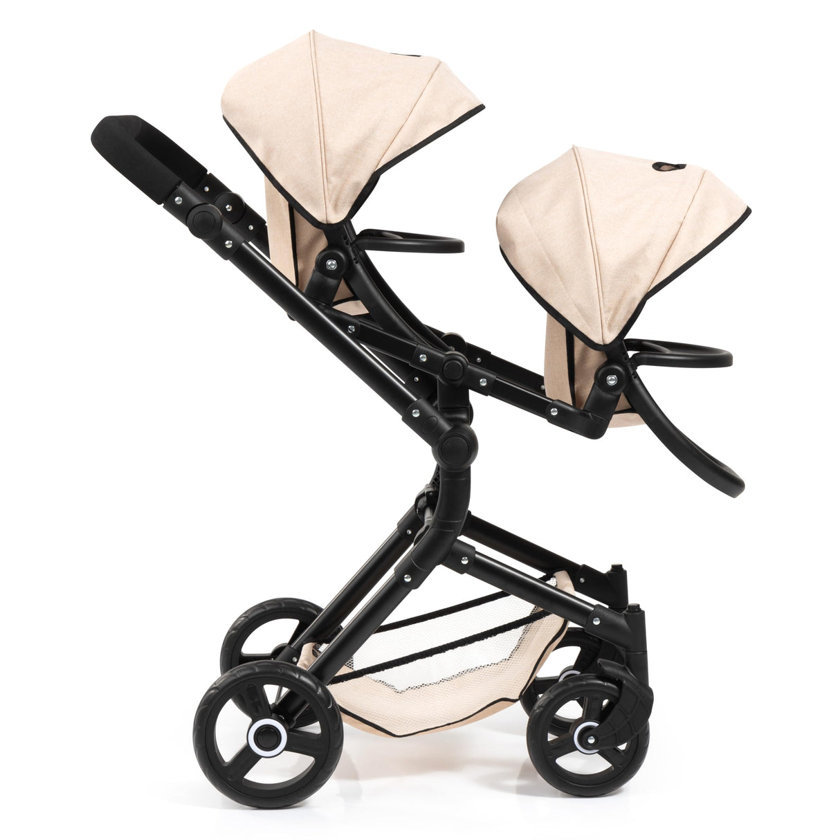 Bayer Design 26275AA Cochecito de muñeca gemelas, Carrito Paseo para muñecos, Ajustable en Altura, Plegable, con Bolsa