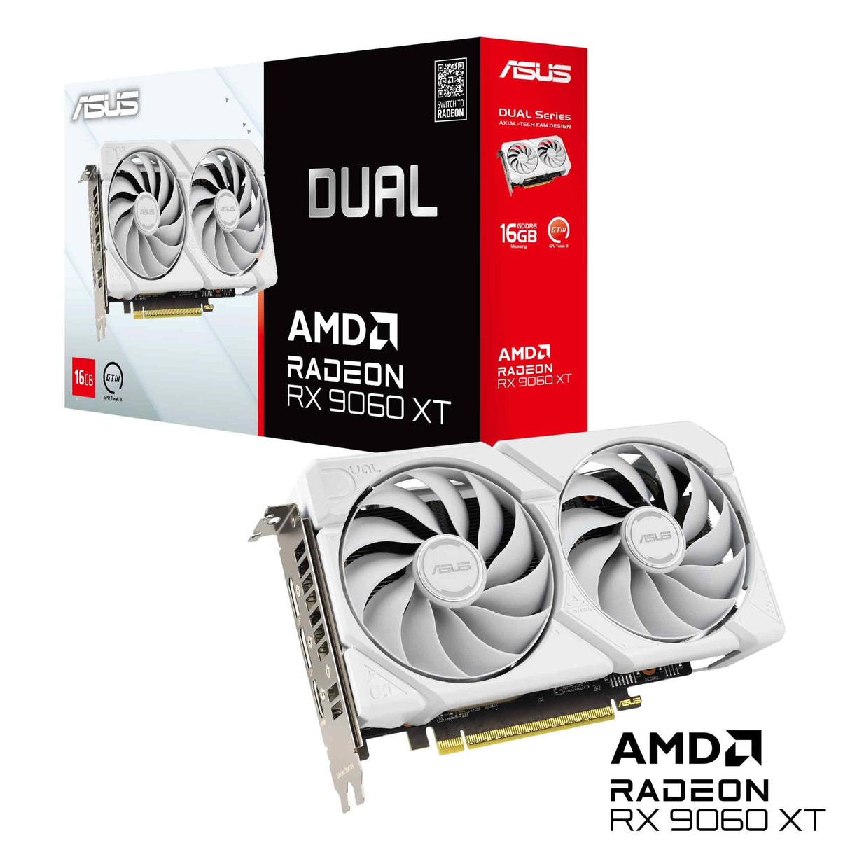 ASUS Dual Radeon RX 9060 XT 16 GB GDDR6 White Edition - Tarjeta gráfica (PCIe 5.0, HDMI 2.1b, DisplayPort 2.1a, diseño de 2,5 Ranuras, Ventilador Axial-Tech, tecnología 0dB)