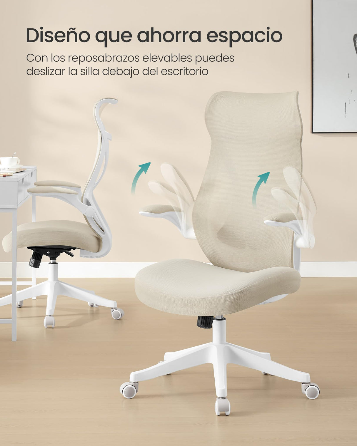SONGMICS Silla de Oficina, Silla de Escritorio, Respaldo Ergonómico, Altura Ajustable, Reposabrazos Plegables, Silla Giratoria con Reposacabezas, Carga de 150 kg, Beige Capuchino OBN088K01