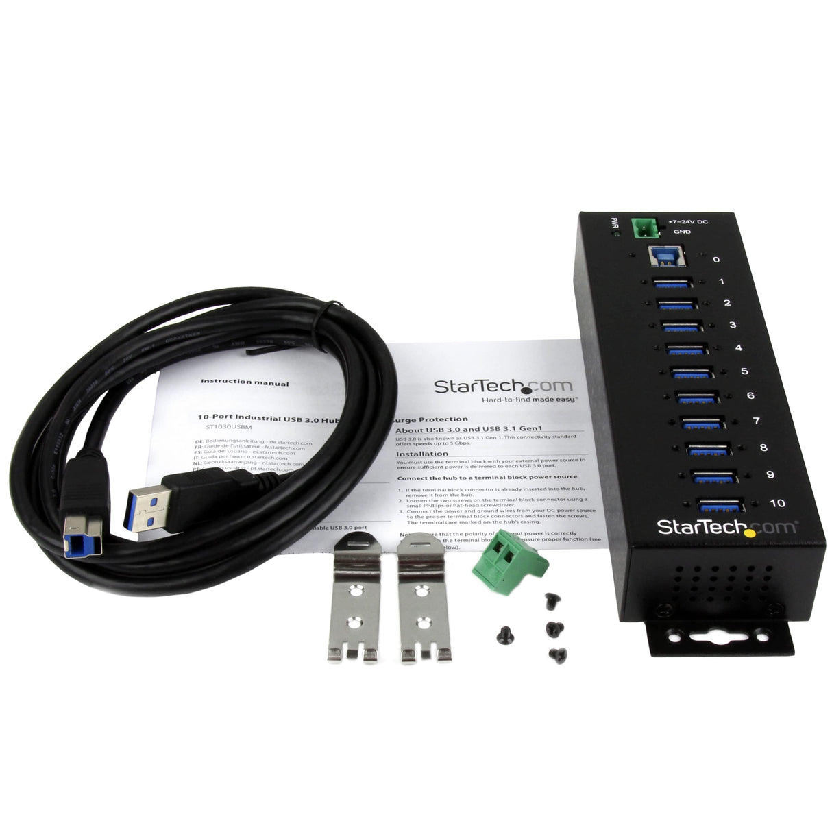 StarTech.com Hub Industrial de 10 Puertos USB 3.0 - Ladrón Concentrador USB-A con Protección Antiestática ESD y Protección de Picos - de Montaje en Carril DIN Pared o Escritorio - Hub TAA (ST1030USBM)