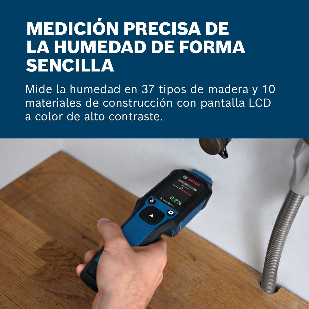 Medidor de humedad GMP 2-15 de Bosch Professional basado en clavijas (mide 37 tipos de madera y 10 materiales de construcción, termohigrómetro integrado, IP65, 2 pilas AA, bolsa)