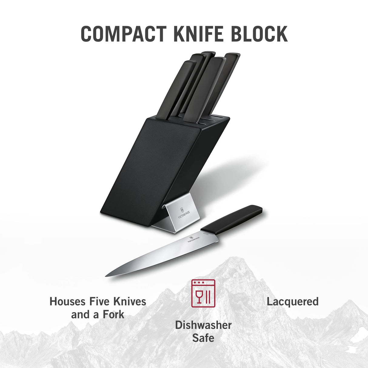 Victorinox Swiss Modern Soporte para 6 cuchillos, incluyendo 5 cuchillos de cocina y 1 tenedor, fabricado en madera de haya lacada en negro