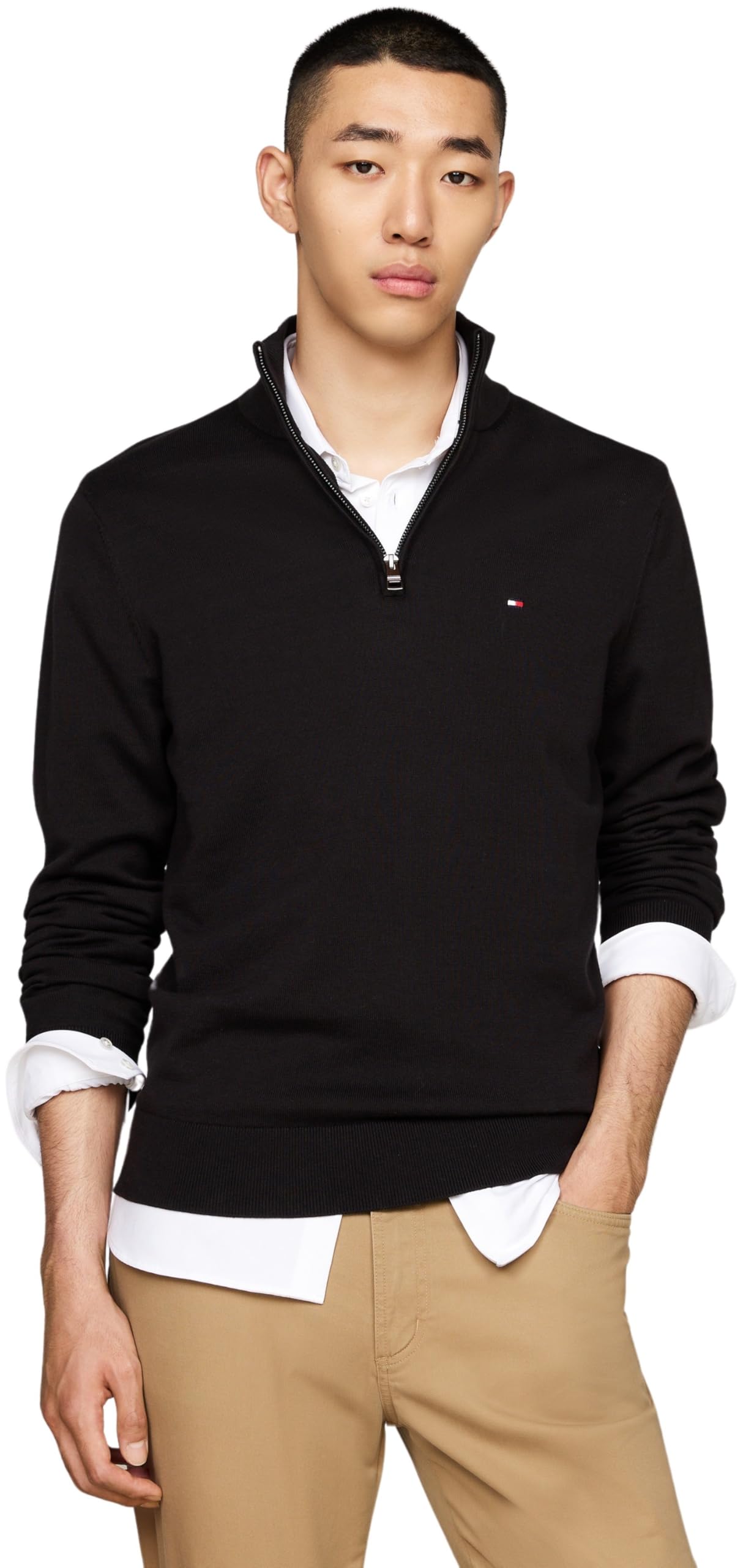 Tommy Hilfiger Jersey con Cremallera Hombre Essential Cotton Mock con Media Cremallera, Negro (Black), L
