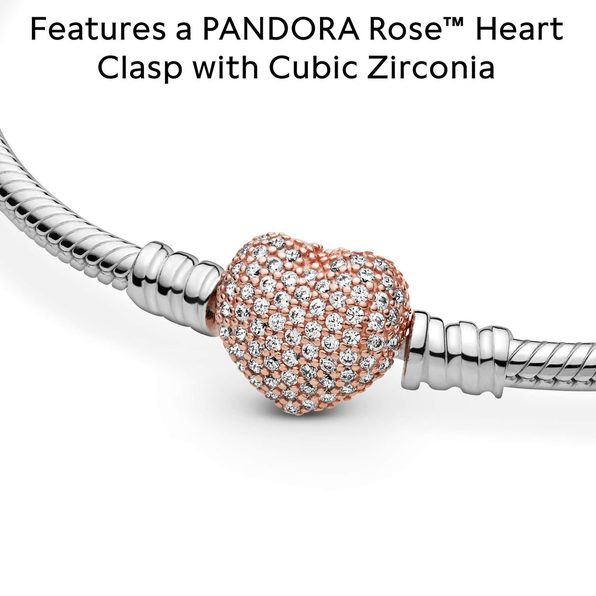 Pandora Icons Pulsera de plata con cadena de serpiente con cierre de corazón chapada en oro rosa de 14 quilates y circonitas cúbicas transparentes, 19