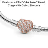 Pandora Icons Pulsera de plata con cadena de serpiente con cierre de corazón chapada en oro rosa de 14 quilates y circonitas cúbicas transparentes, 19