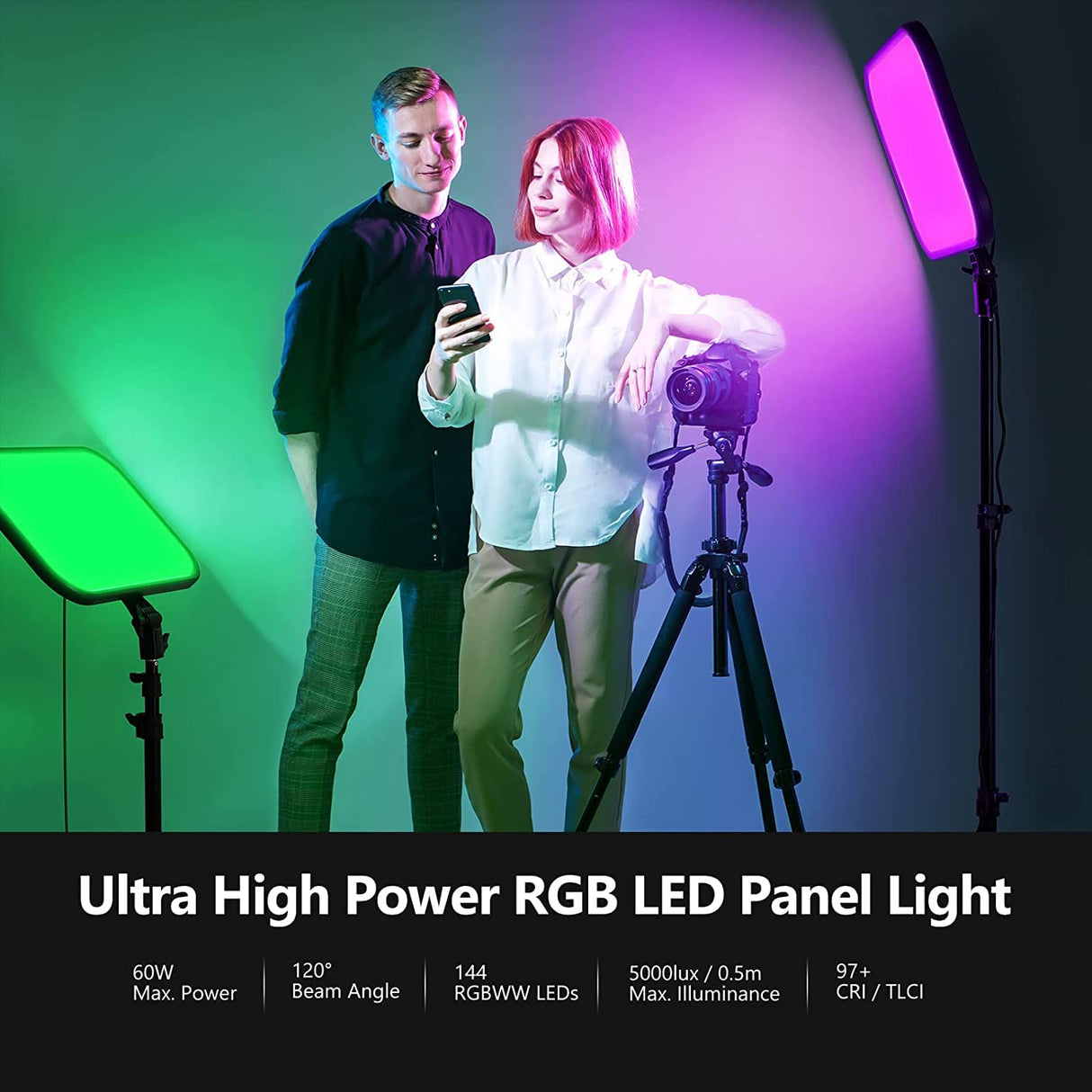 NEEWER RGB168 18,3" Luz de Video RGB con Soportes 2Pack, con Control de App 360° Todo Color 60W Regulable 2500K-8500K CRI97+ 17 Efectos Panel LED Iluminación para Estudio/Juegos/Youtube/Fotografía