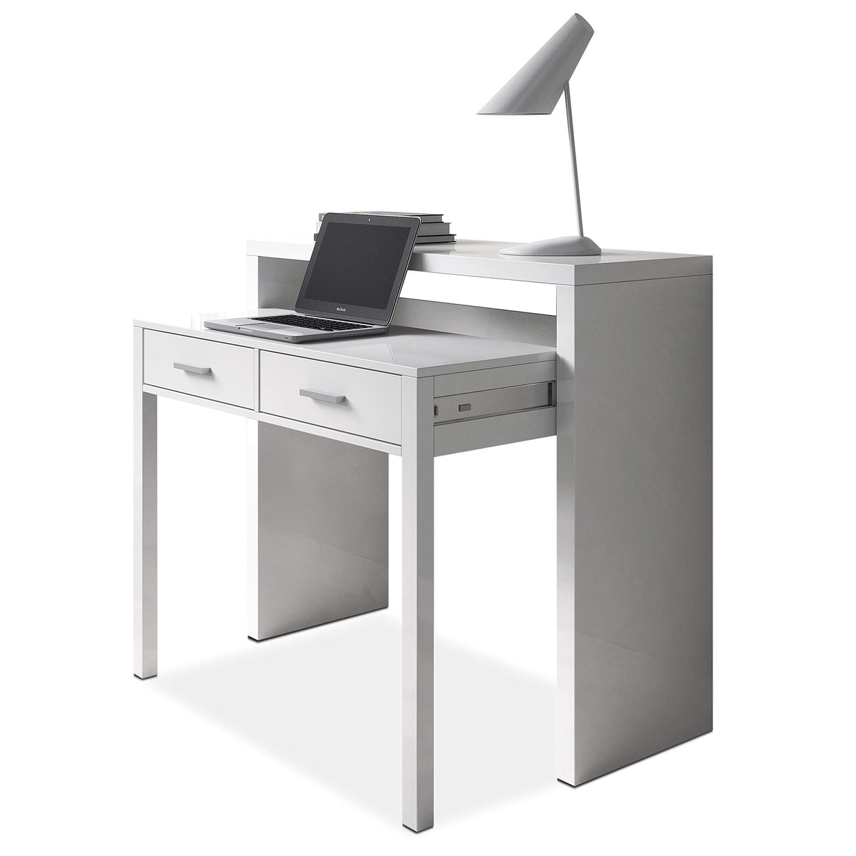Habitdesign Mesa Escritorio Extensible, Mesa Estudio, Consola, Color Blanco Artik, Medidas: 98,5 cm (Largo) x 36-70 cm (Fondo) x 87,5 cm (Alto)