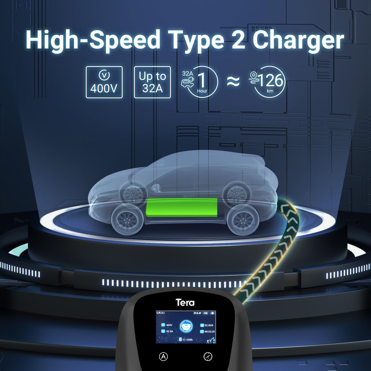 Tera EV Cargador con Smart App 32A Tipo 2 22kW 400V CE y TüV wallbox Cable de Carga de 7 Metros con Soporte para el Cargador Control de la aplicación Enchufe de 3 Fases CEE Coche electrico W01