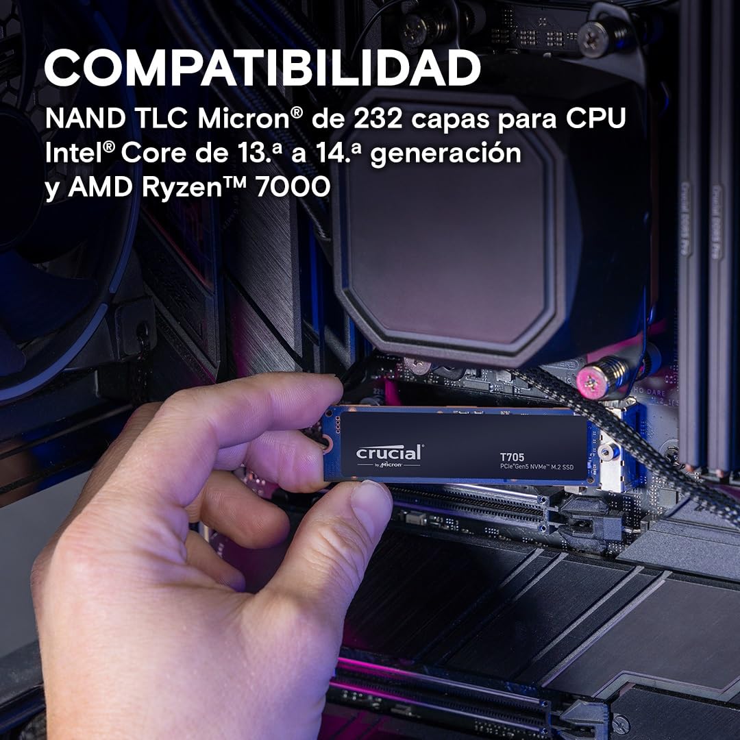 Crucial T705 SSD 2TB PCIe Gen5 NVMe M.2 SSD Interno Gaming, hasta 14.500MB/s, Microsoft DirectStorage, Compatibilidad PCIe 4.0, Disco Duro SSD - CT2000T705SSD3