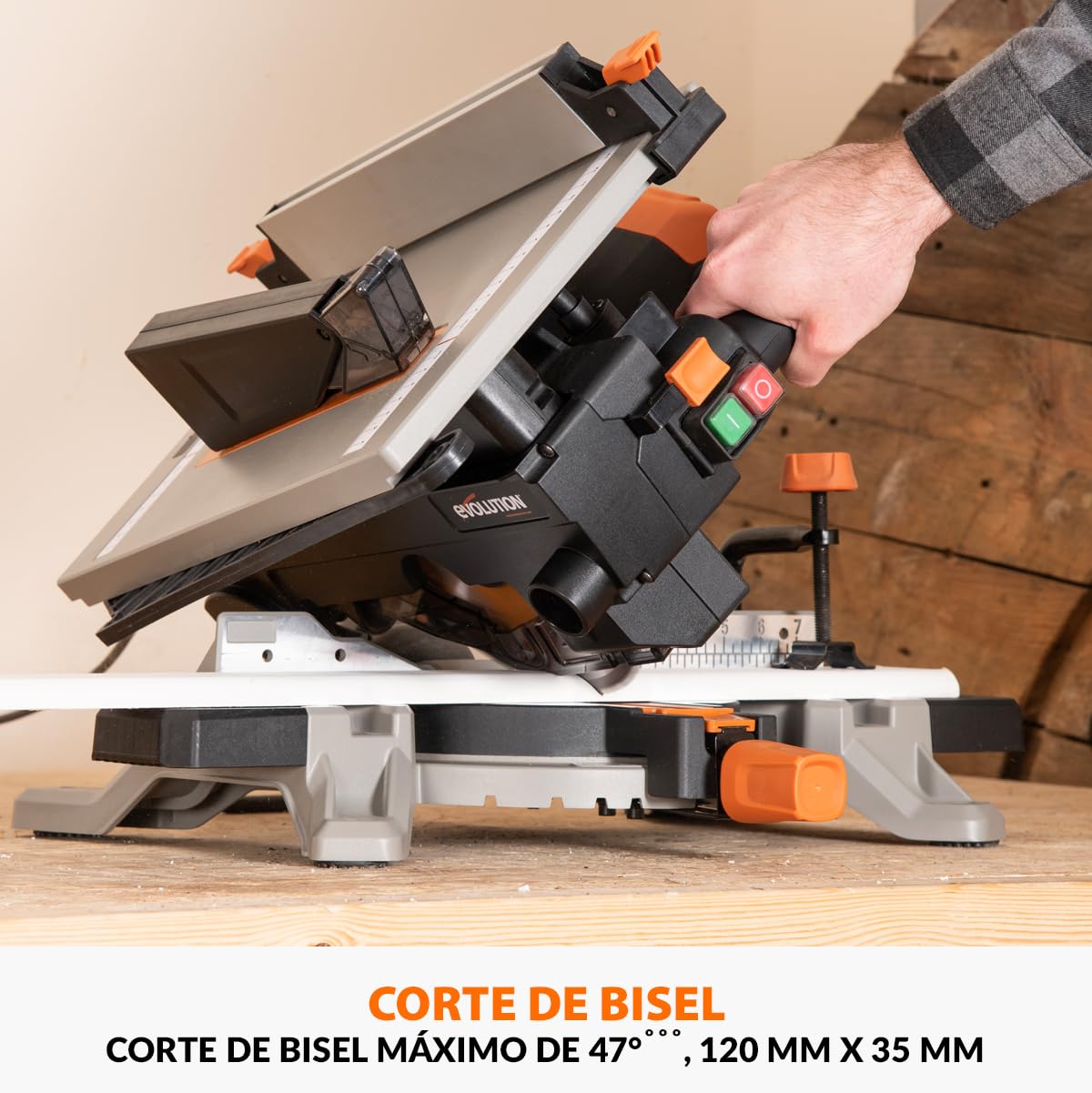 Evolution Power Tools R210MTS-G2 Sierra híbrida convertible de mesa/ingletadora, compacta y portátil, corte multimaterial, corta madera, metal, plástico, etc.; incluye una hoja de 210 mm