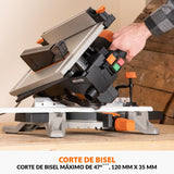 Evolution Power Tools R210MTS-G2 Sierra híbrida convertible de mesa/ingletadora, compacta y portátil, corte multimaterial, corta madera, metal, plástico, etc.; incluye una hoja de 210 mm