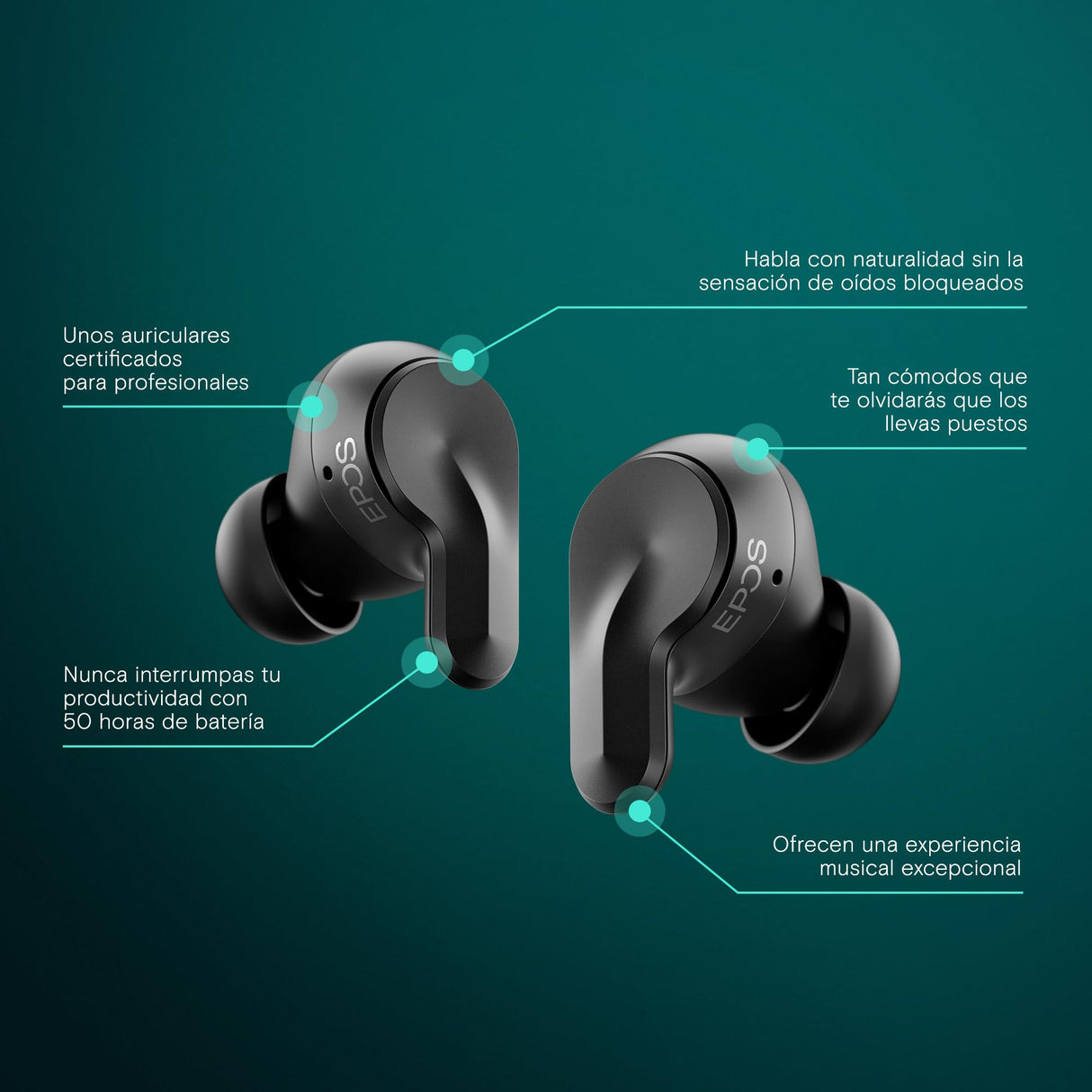 EPOS Adapt E1 Auriculares Inalámbricos Negro – ANC Híbrido, Bluetooth Multi-Point, Certificado Microsoft Teams & iPhone, 50H Batería, Carga Inalámbrica, USB-C, IPX5 Resistente al Agua