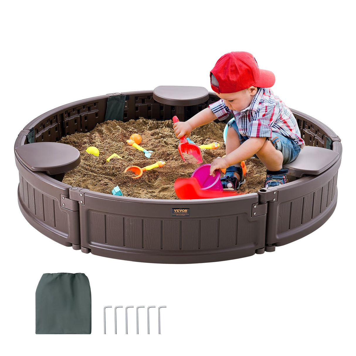 VEVOR Caja de Arena con Tapa Areno de HDPE Redondo de 120 x 23 cm con 3 Asientos en Las Esquinas y Revestimiento Inferior para Niños de 3 a 12 Años para Patio al Aire Libre, Playa, Parque, Marrón