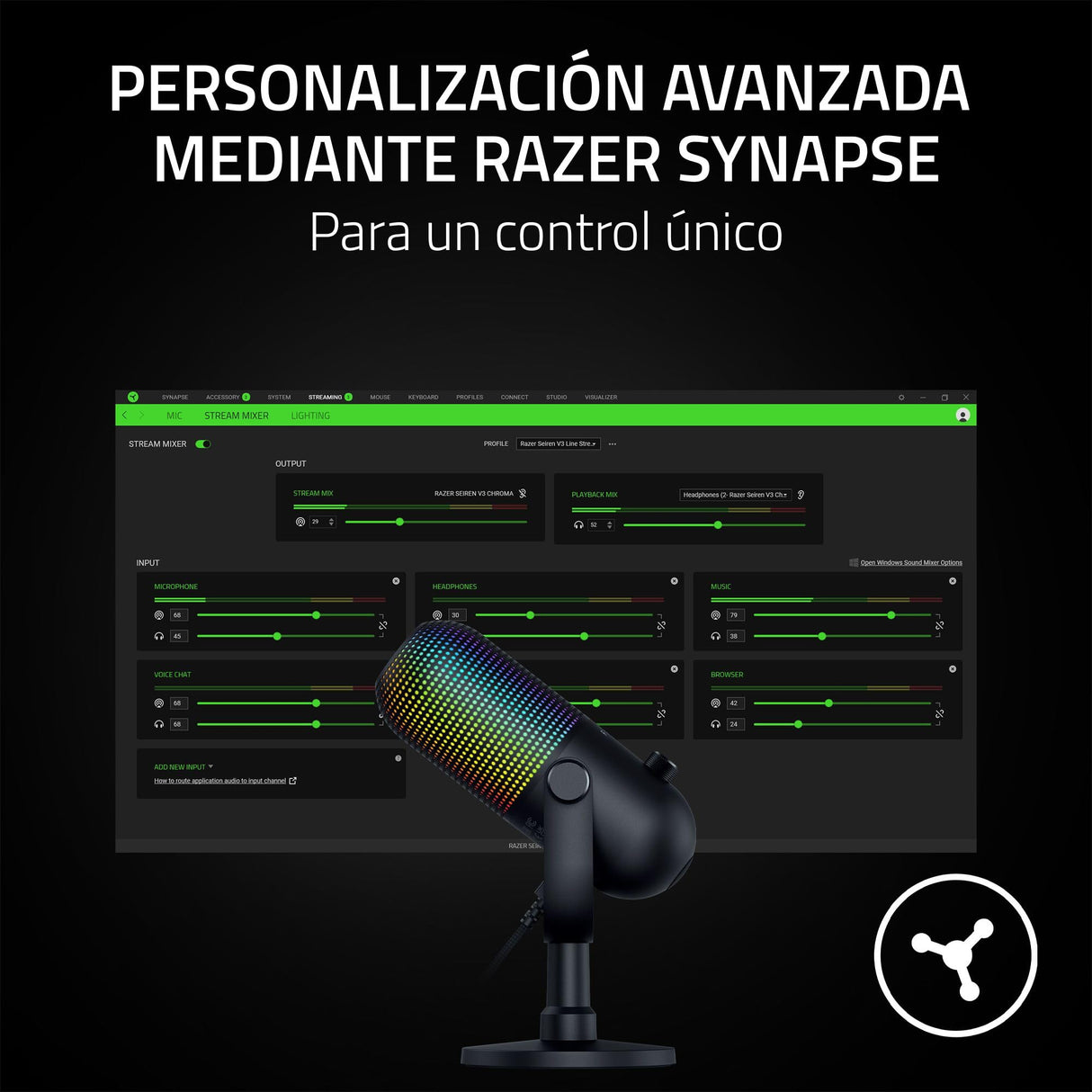 Razer Seiren V3 Chroma - Micrófono USB RGB con pulsación para silenciar (Iluminación Reactiva Para Streaming y juegos, Micrófono de condensador supercardioide) Negro