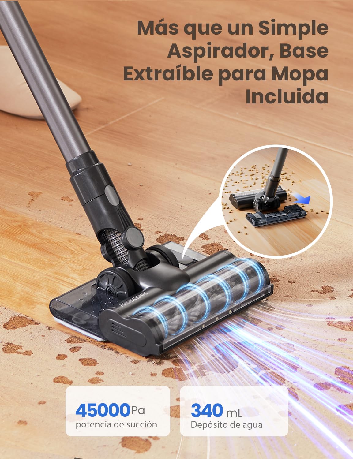 Proscenic P11 Mopping Aspiradora sin Cable y Fregona 2 en 1, 45kPa/550W/60Min Aspiradora Escoba Inalámbrico y Vertical con Batería Antienredos para Alfombras/Suelos Duros/Cortinas/Pelos de Mascotas