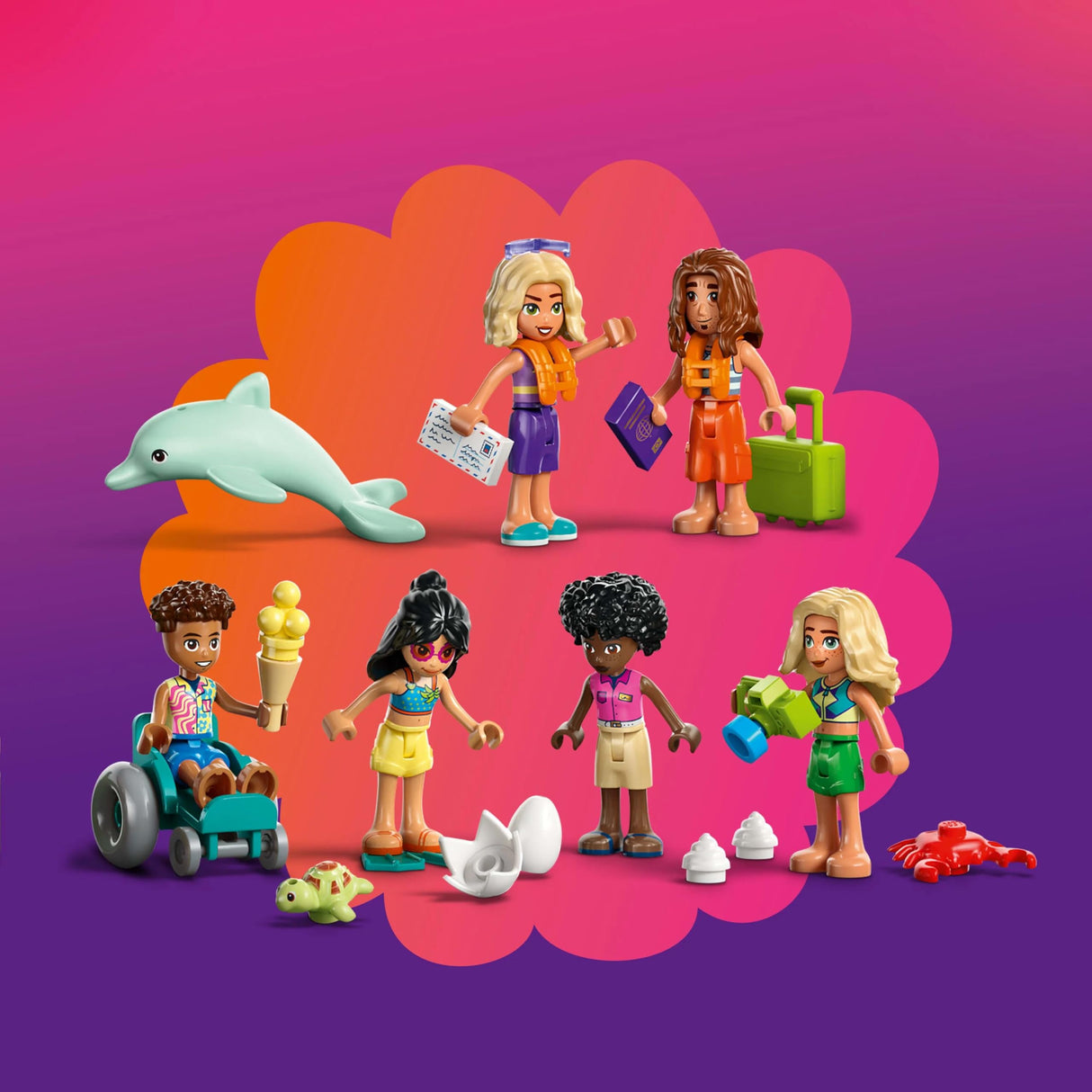 LEGO Friends Hotel de Vacaciones Familiares en la Playa - Juguete con 6 Mini Muñecas, Figuras de Animales (Tortuga y Delfín), Heladería y Accesorios - Regalo para Niñas de 8+ Años 42673