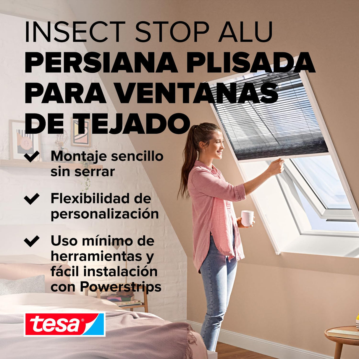 tesa® Cortina Mosquitera Plisada de Aluminio - Mosquitero Extensible para Claraboyas - Fácil Instalación sin Taladrar - Tecnología tesa Powerstrips® - Blanco