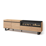Skraut Home | Mueble TV | Televisión | Muebles de salón, almacenaje | 200x57x35cm | para TV hasta 80" | Chimenea eléctrica | Diseño Industrial | Estilo Moderno | Roble y Negro
