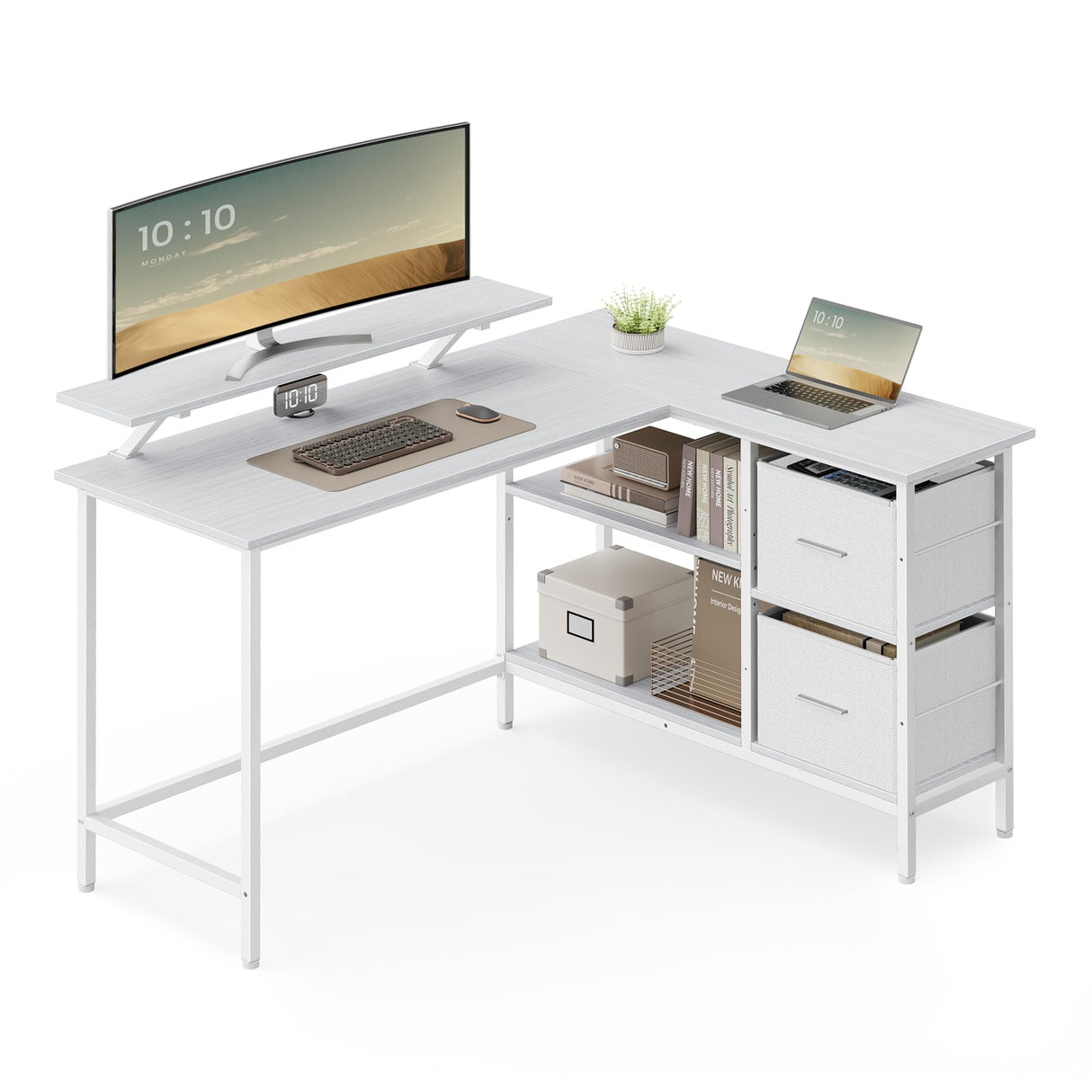 VASAGLE Escritorio en Forma de L, Esquinero, con 2 Amplios Cajones, Mesa con Soporte para Monitor, para Esquina, con Estante Ajustable, para Oficina Casa, Blanco Arce LWD098W01